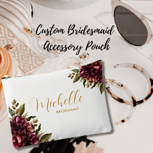 Chic Watercolor Burgundy Floral Bouquet Bridesmaid Accessory Pouch