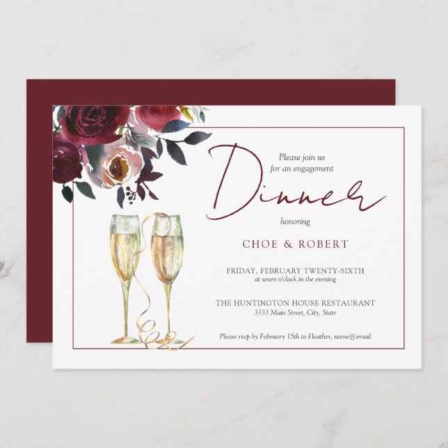 Chic Watercolor Burgundy Floral Engagement Dinner Invitation (Front/Back)