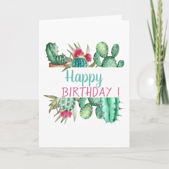 Chic Watercolor Cactus Birthday Card (Front)
