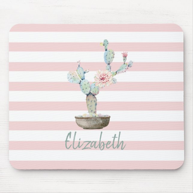 Chic Watercolor Cactus,Pink Stripes  Mouse Pad (Front)