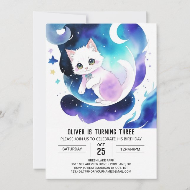 Chic Watercolor Cat Birthday Invitation (Front)