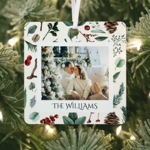 Chic Watercolor Christmas Botanical Foliage Photo Metal Tree Decoration