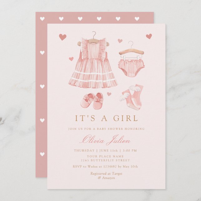 Chic Watercolor Cute Boho Clothes Girl Baby Shower Invitation (Front/Back)