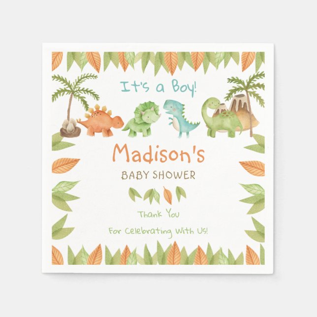 Chic Watercolor Cute Dinosaur Baby Shower Birthday Napkin (Front)