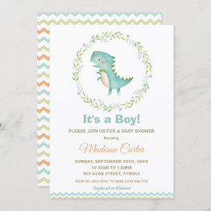 Chic Watercolor Cute Dinosaur Boy Baby Shower Invitation