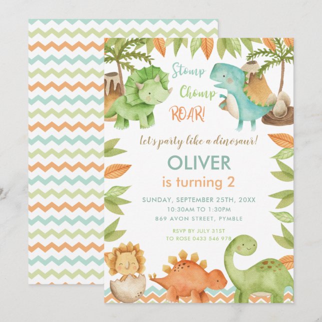 Chic Watercolor Cute Dinosaur Boy Girl Birthday Invitation (Front/Back)