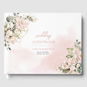 Chic watercolor dusty pink floral gold sage green guest book