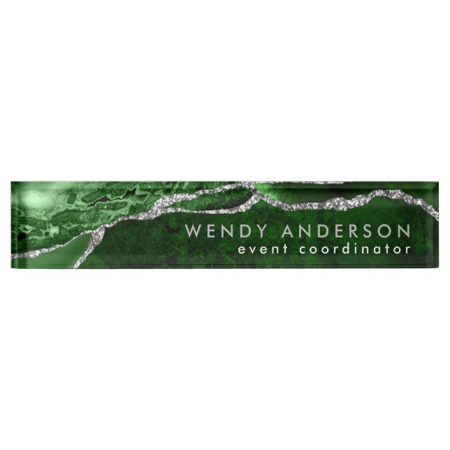 Chic Watercolor Emerald Green Silver Glitter Agate Nameplate (Front)