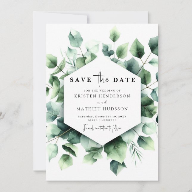 Chic Watercolor Eucalyptus Digital Wedding Save The Date (Front)