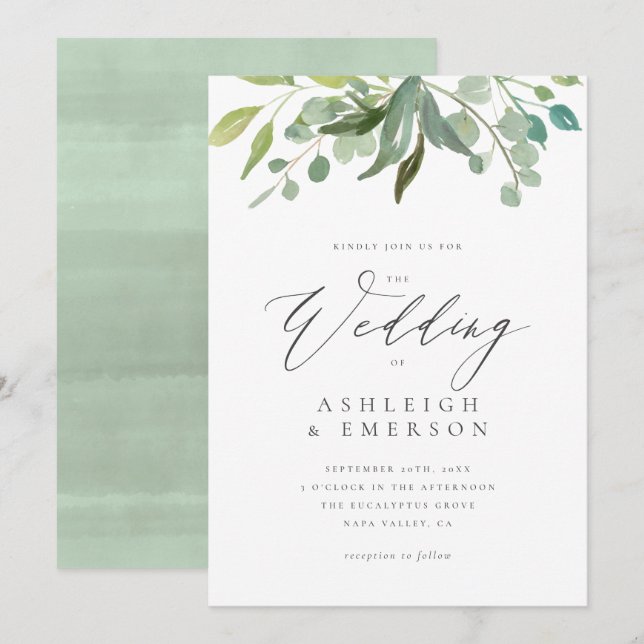 Chic Watercolor Eucalyptus Greenery Summer Wedding Invitation (Front/Back)