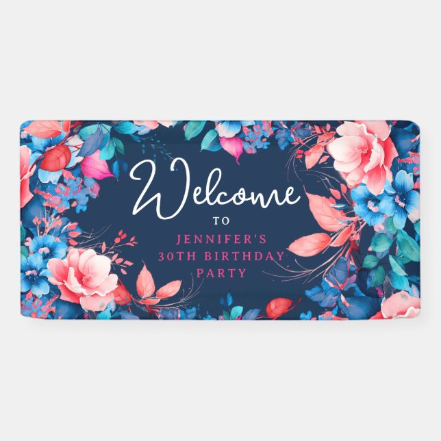 Chic Watercolor Floral 30th Birthday Navy Blue  Banner (Horizontal)