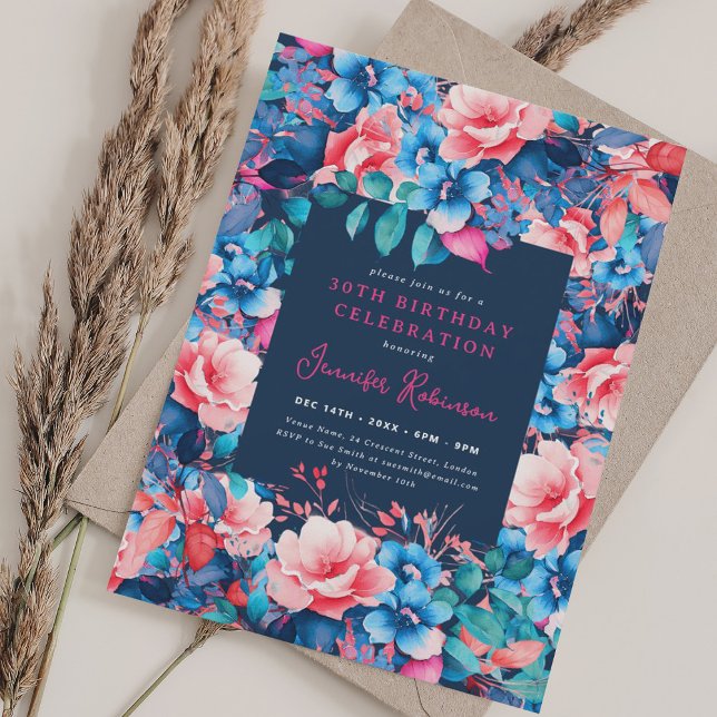 Chic Watercolor Floral 30th Birthday Navy Blue  Invitation (Chic Watercolor Floral 30th Birthday Navy Blue Invitation)