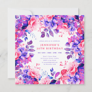 Chic Watercolor Floral 30th Birthday Purple Invitation