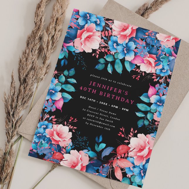 Chic Watercolor Floral 40th Birthday Black Invitation (Chic Watercolor Floral 40th Birthday Black Invitation)