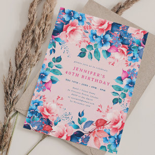 Chic Watercolor Floral 40th Birthday Blush Invitation