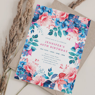Chic Watercolor Floral 40th Birthday  Invitation