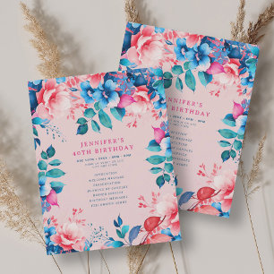 Chic Watercolor Floral 40th Birthday Program Blush Invitation