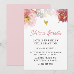 Chic Watercolor Floral 60th Birthday Party Invite 