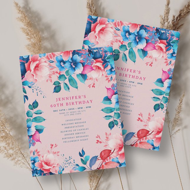 Chic Watercolor Floral 60th Birthday Program Blush Invitation (Chic Watercolor Floral 60th Birthday Program Blush)