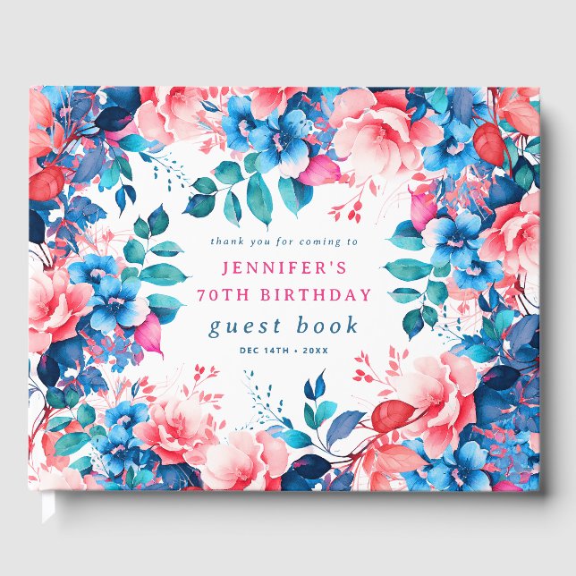Chic Watercolor Floral 70th Birthday Guest Book (Front)