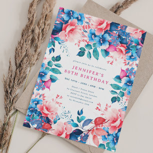 Chic Watercolor Floral 80th Birthday  Invitation