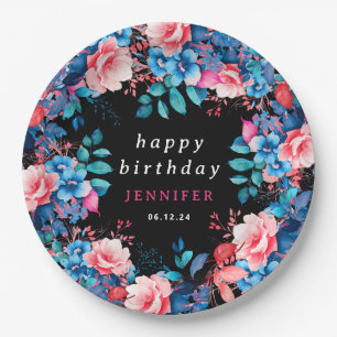 Chic Watercolor Floral Any Age Happy Birthday Blac Paper Plate