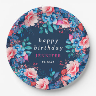 Chic Watercolor Floral Any Age Happy Birthday Navy Paper Plate