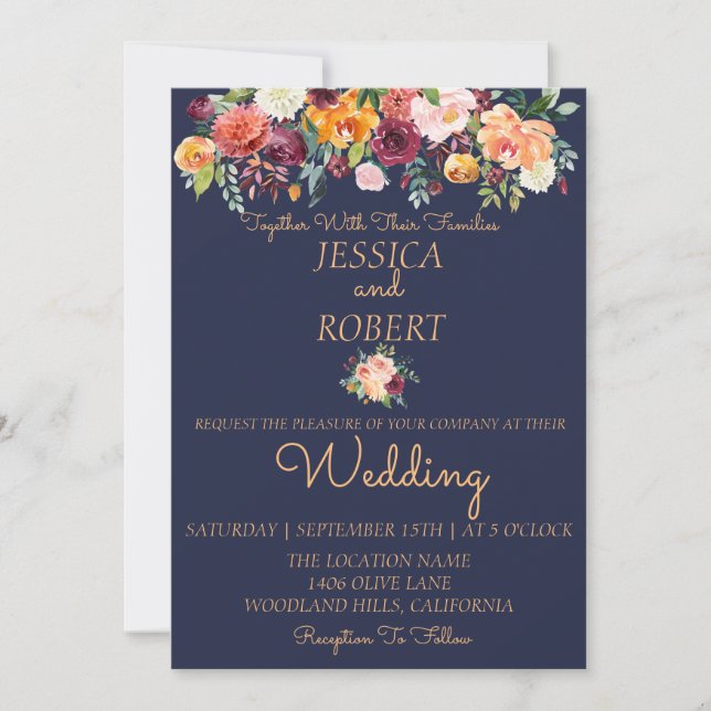 Chic Watercolor Floral Blue Wedding Invitation (Front)