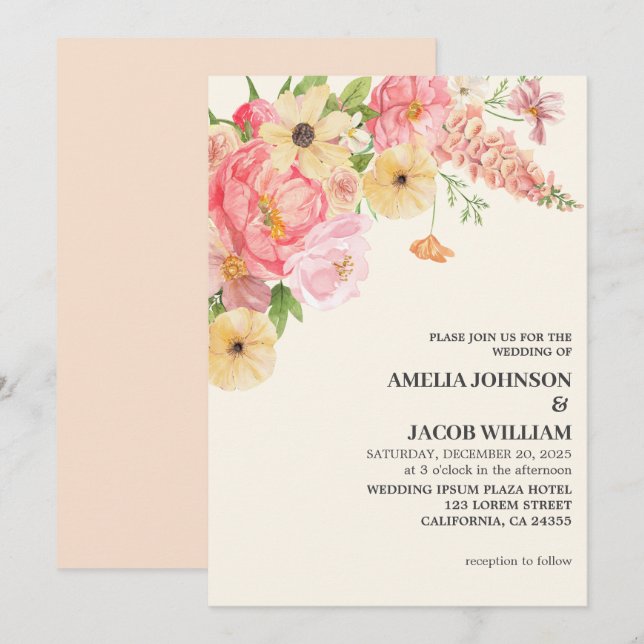 Chic Watercolor floral butter yellow peach Wedding Invitation (Front/Back)