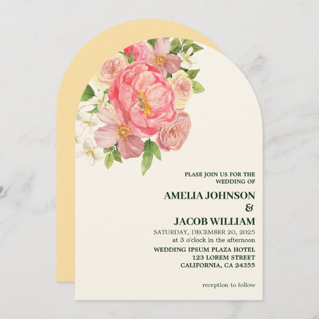 Chic Watercolor floral butter yellow Wedding Invitation (Front/Back)