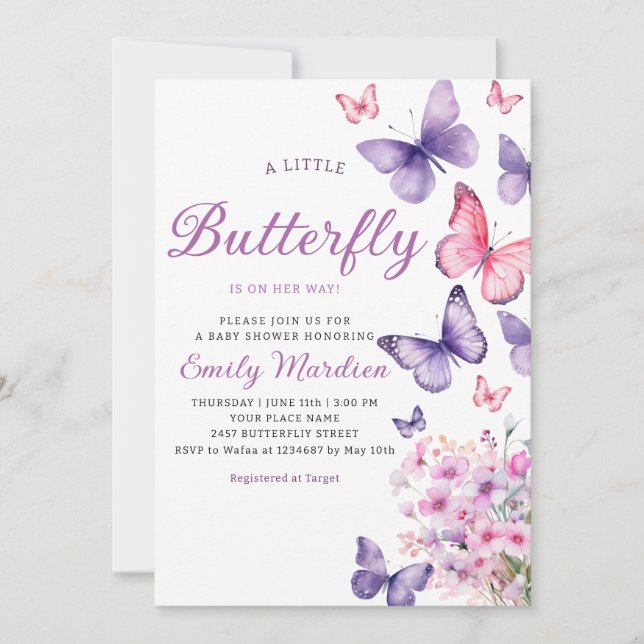 Chic Watercolor Floral Butterfly Girl Baby Shower  Invitation (Front)