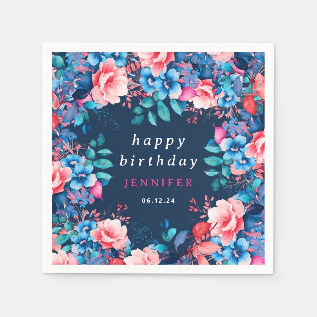 Chic Watercolor Floral Happy Birthday Navy Blue  Napkin (Front)
