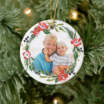 Chic Watercolor Floral Holiday Ornament<br><div class="desc">Spread cheer this holiday season with this elegant and modern holiday ornament design featuring watercolor florals and sprigs that showcases your photo. Customise the back with your own text. See our shop for more pieces in this design!</div>
