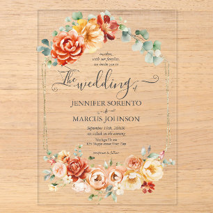 Chic Watercolor Floral Orange Wedding Acrylic Invitations