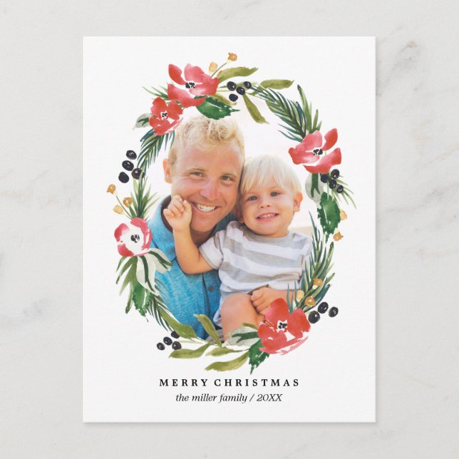 Chic Watercolor Floral Oval Holiday Photo Postcard (Front)