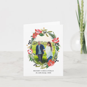 Chic Watercolor Floral Oval Photo   Christmas Holiday Card