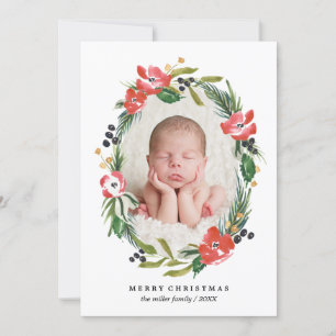 Chic Watercolor Floral Oval Photo   Christmas Holiday Card