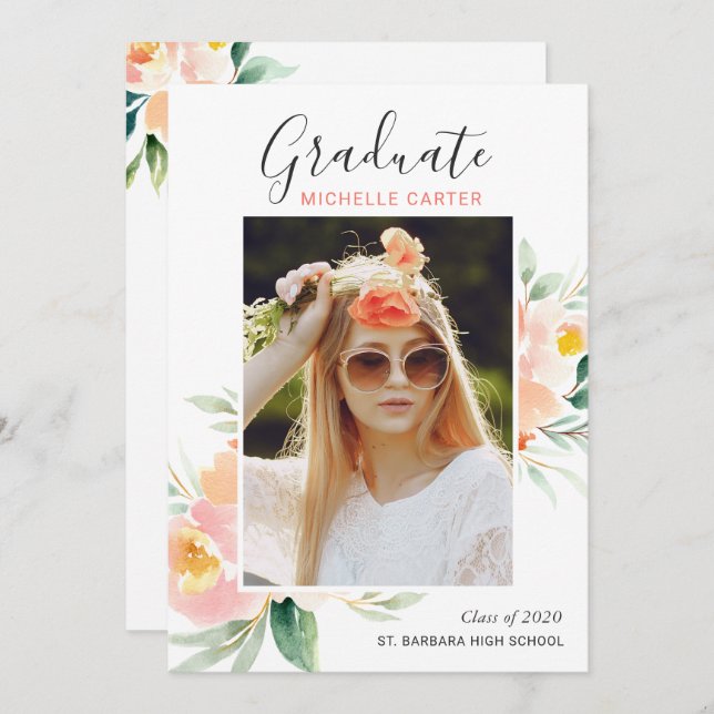 Chic Watercolor Floral Photo Graduation Party Invitation (Front/Back)