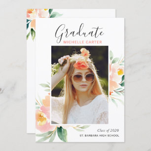 Chic Watercolor Floral Photo Graduation Party Invitation
