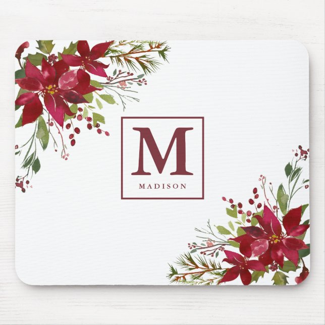 Chic Watercolor Floral Poinsettia Monogram Mouse Pad (Front)