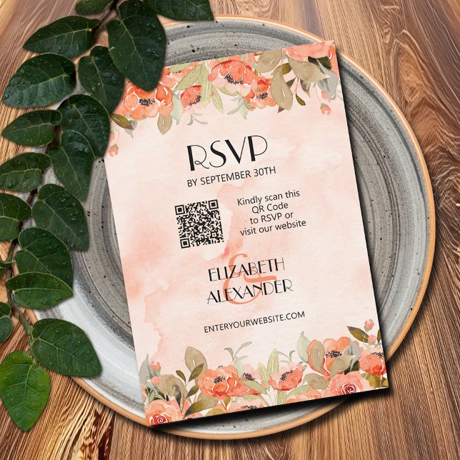 Chic Watercolor Floral QR Code RSVP Card (Watercolor Orange Floral RSVP Cards with website QR Code)