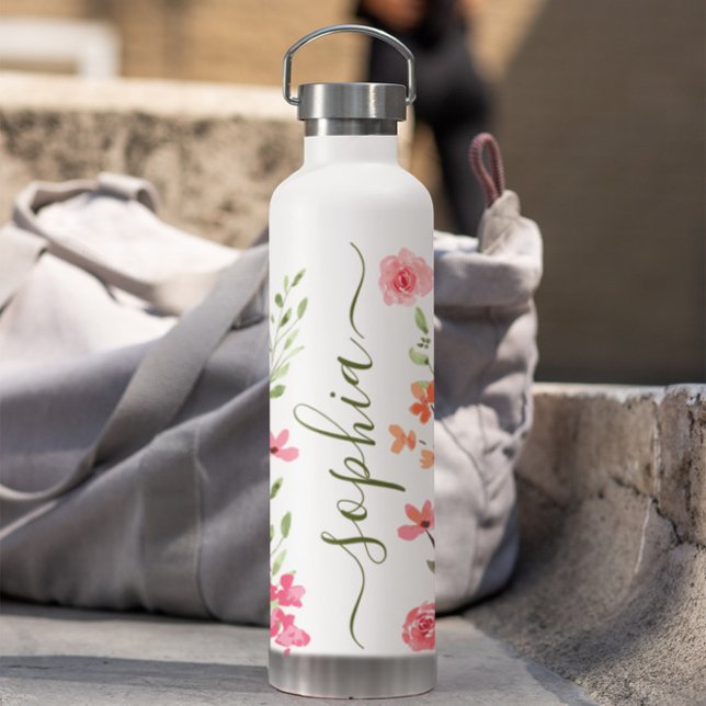 Chic Watercolor floral Script Personalised Water Bottle (Floral watercolor personalized water bottle elegant script.)