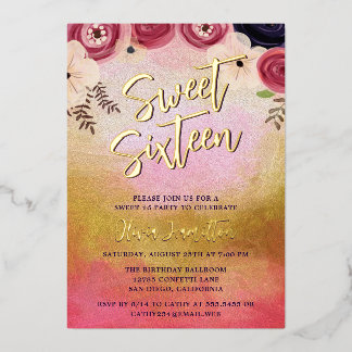 Chic Watercolor Floral Sweet 16 Foil Invitation