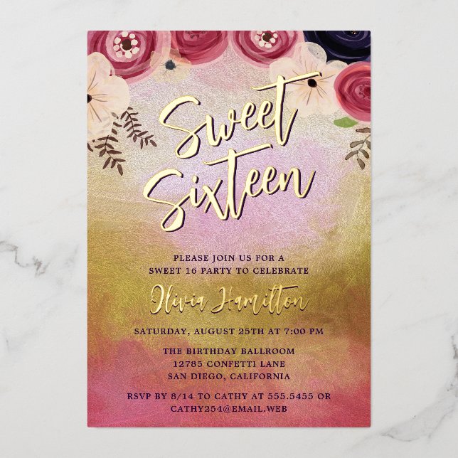 Chic Watercolor Floral Sweet 16 Foil Invitation (Front)