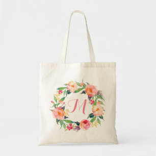 Chic Watercolor Floral Wreath Monogram Tote Bag