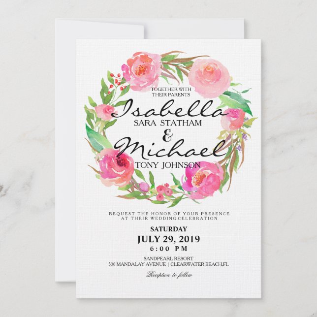 Chic Watercolor Floral Wreath Wedding Invitation7 Invitation (Front)