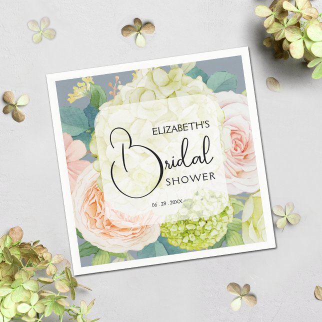 Chic Watercolor Florals Dusty Blue Bridal Shower Napkin (Bridal shower napkins 4.75" square)