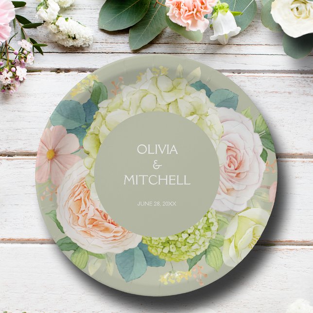 Chic Watercolor Florals Sage Green Wedding Paper Plate (Chic Watercolor Florals Sage Green Wedding Paper Plates)