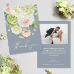 Chic Watercolor Florals Wedding Photo Thank You Card<br><div class="desc">Beautiful watercolor of white and green hydrangeas with pink and cream roses,  daisies,  small blossoms and leaves are featured on the front of these dusty blue wedding thank you cards. Your photo and message are printed on the back. MATCHING items in our collection.</div>