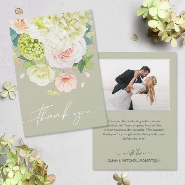 Chic Watercolor Florals Wedding Photo Thank You Card (Watercolor florals on front, your photo and message on the back of flat wedding thank you cards)